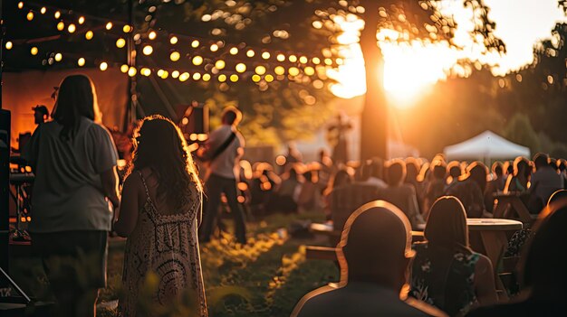 Photo group of people sitting in park at sunset