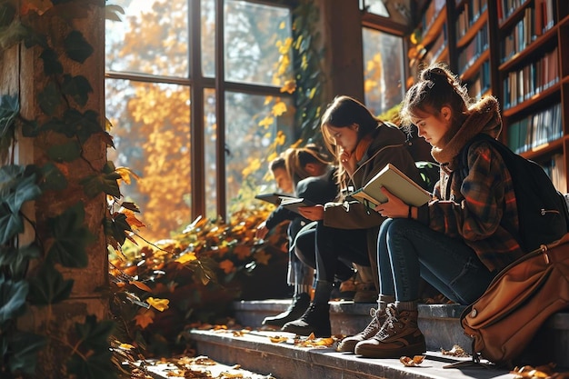 a group of people sitting on steps in a library