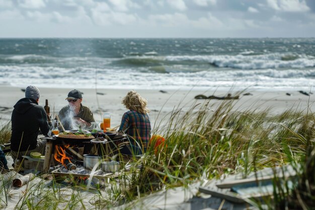 Photo a group of people sitting at a table on the beach