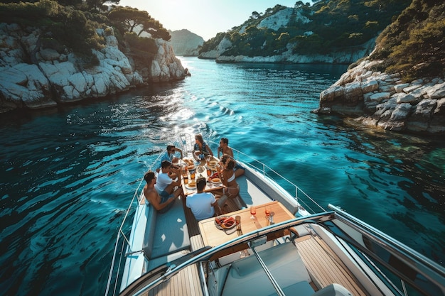 Foto un gruppo di persone sedute a un tavolo su una barca