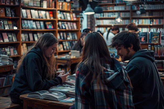 A group of people sitting at a table in a library