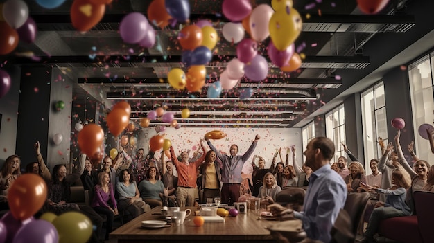 Foto un gruppo di persone sedute a un tavolo con palloncini e confetti appesi dal soffitto.