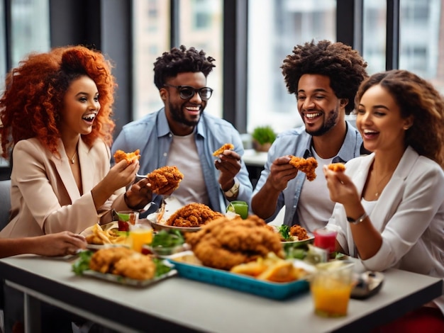 a group of people sitting at a table with food and drinks