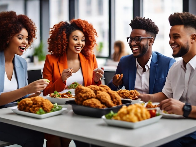 食べ物と食べ物を持ったテーブルに座っている人々のグループ