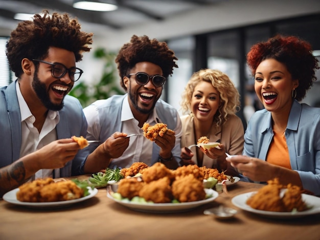 a group of people sitting at a table with food and one of them has the word quot on it quot