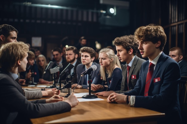 A group of people sitting at a table with microphones