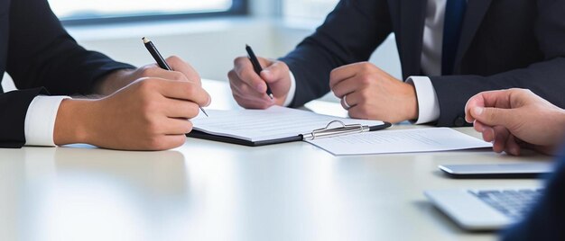 a group of people sitting at a table with papers