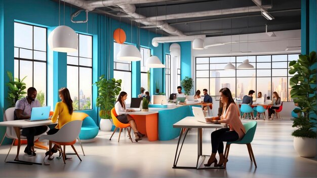 a group of people sitting at tables in a room with windows and a laptop Co-Working Spaces