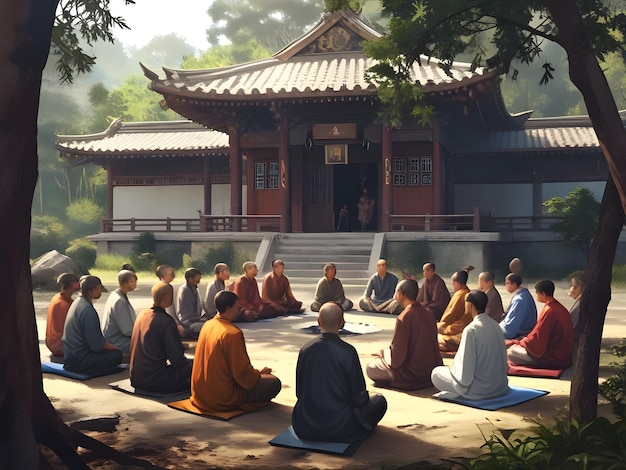 a group of people sitting in a temple with the word buddha on the front