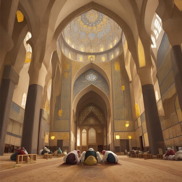 a group of people sleeping in a mosque with the word mosque on the wall Muslim Illustration