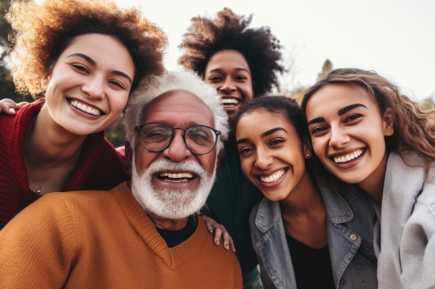 Foto un gruppo di persone che sorridono e posano per una foto può essere usato per raffigurare l'amicizia, il lavoro di squadra o una riunione sociale