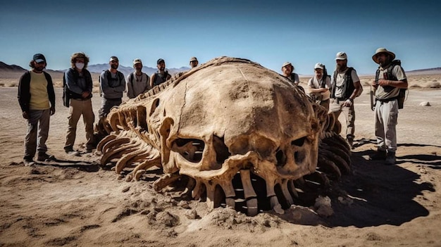 Photo a group of people stand around a giant fossil of a whale.