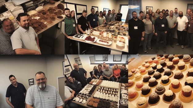 A group of people stand around a table with a table full of food and a few pictures of them.