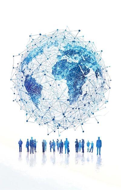 a group of people stand around a world map