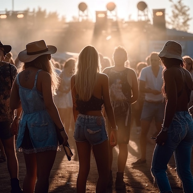 Photo a group of people stand in a crowd at a music festival.