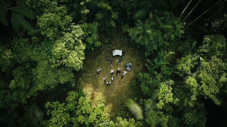 a group of people stand in a forest with trees and a tent
