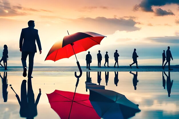 a group of people stand in front of a body of water with a red umbrella.