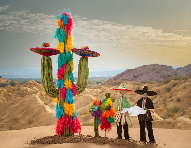 a group of people stand in front of a cactus