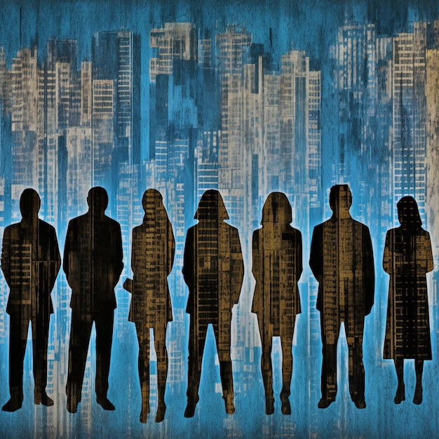 A group of people stand in front of a cityscape.