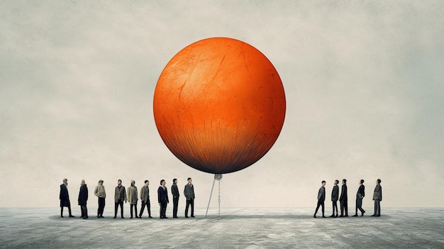 A group of people stand in front of a giant orange ball.