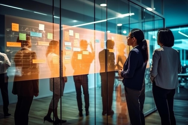 Photo a group of people stand in front of a glass wall with a woman in a suit