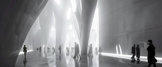 Photo a group of people stand in front of a large white building with a large window in the background