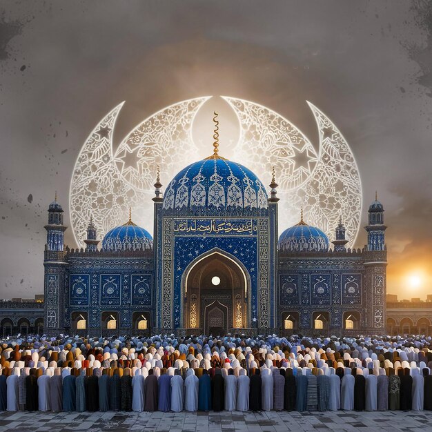 Photo a group of people stand in front of a mosque with the number 12 on the front