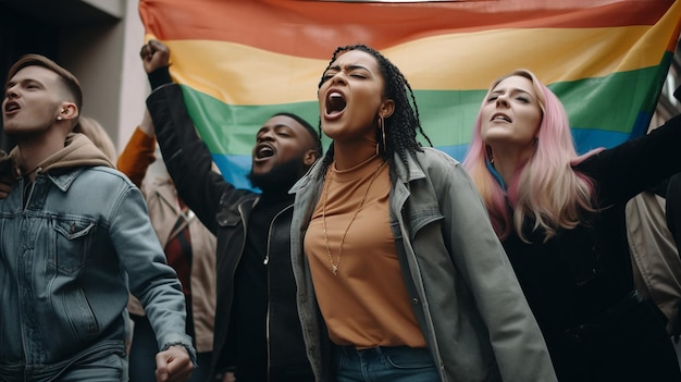 Foto un gruppo di persone si trova davanti a una bandiera arcobaleno