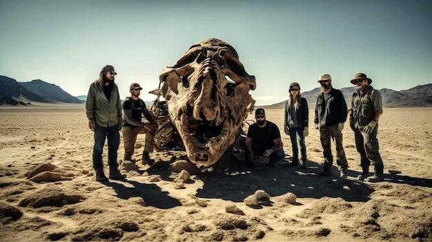 A group of people stand in front of a skeleton of a skull.