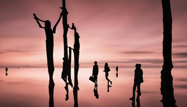 Photo a group of people stand in front of a sunset