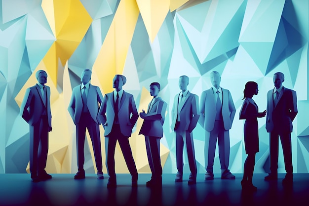 A group of people stand in front of a wall that has a blue background.