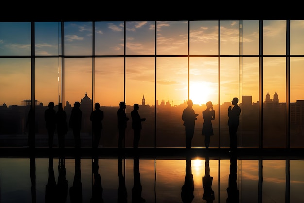A group of people stand in front of a window that has a sunset in the background.