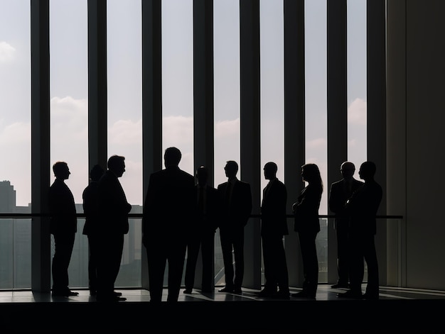 A group of people stand in front of a window