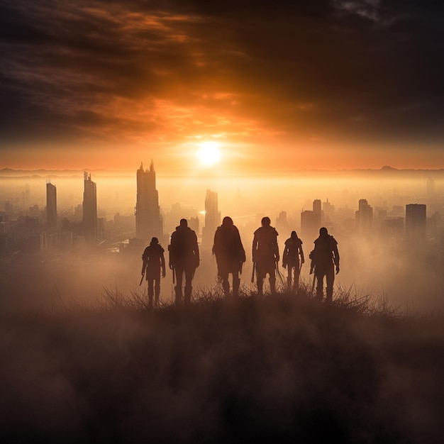 A group of people stand on a hill in front of a cityscape.