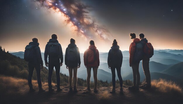 Photo a group of people stand on a hill with a fire in the sky