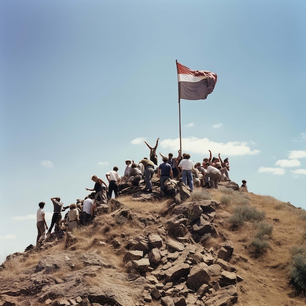 a group of people stand on a hill with a flag that says quot do not touch quot