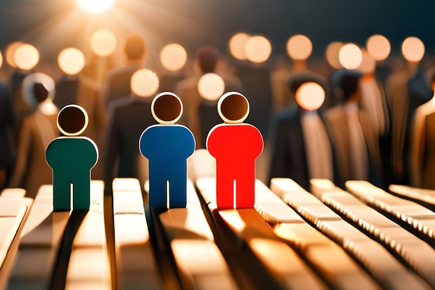 A group of people stand on a keyboard with a red and blue stick figure on the top.