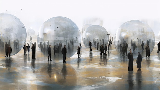 A group of people stand in a line with large spheres in the middle of them.