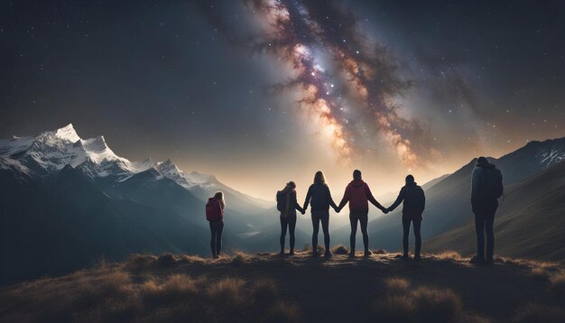 Photo a group of people stand on a mountain with mountains in the background