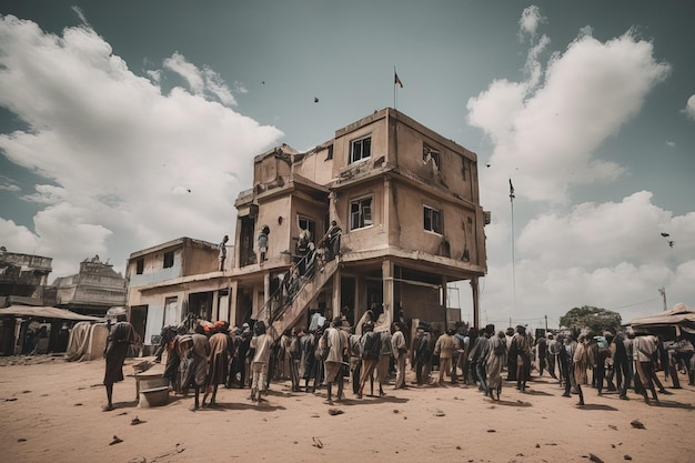 a group of people stand outside of a building with a flag on it.