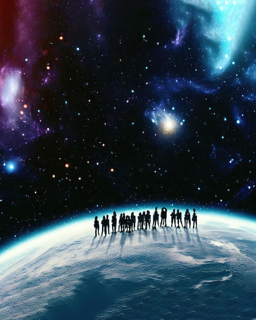 Группа людей стоит на планете со звездами на заднем плане