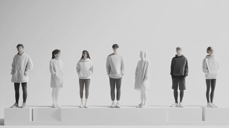 한 무리의 사람들이 플랫폼에 서 있는데, 그 중 하나는 색 바탕을 가지고 있다.