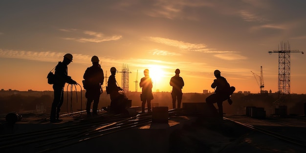 A group of people stand on a roof with the sun setting behind them