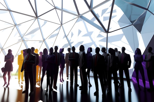 A group of people stand in a room with a white ceiling and a glass dome with the word's on it.