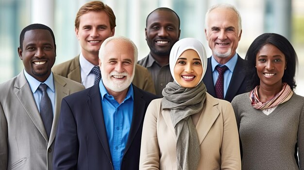 A group of people stand in a row, one of them is wearing a headscarf.