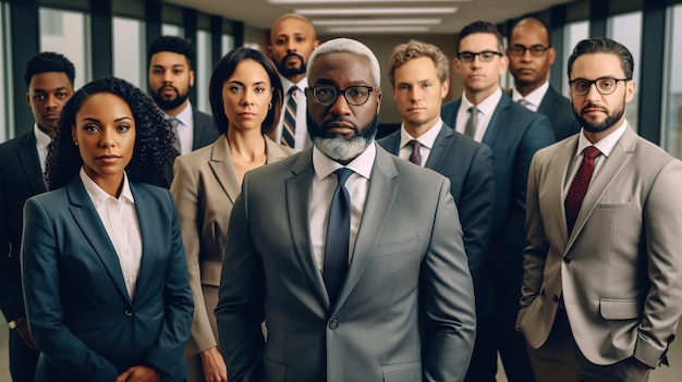 A group of people stand in a row, wearing suits and ties.