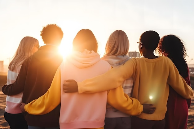 Photo a group of people stand together, one of them has her arms around her.