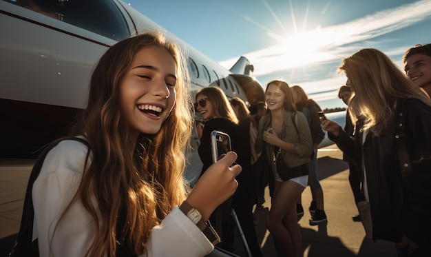 飛行機の隣に立つ人々のグループ