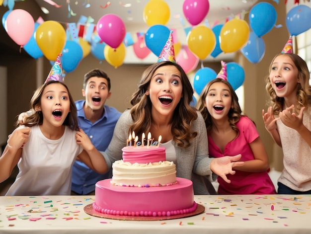a group of people standing around a birthday cake with candles on it