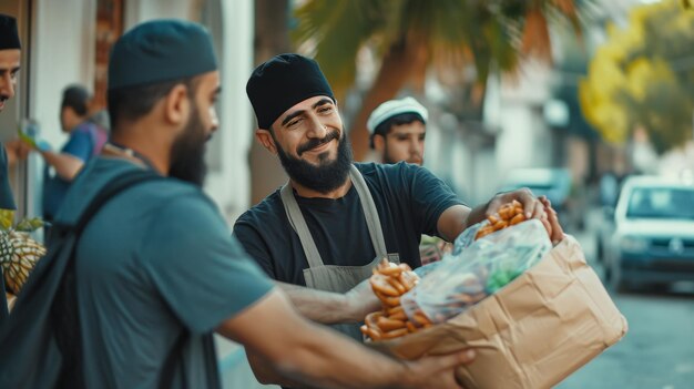 Photo group of people standing around boxes of food at community food drive ramadan